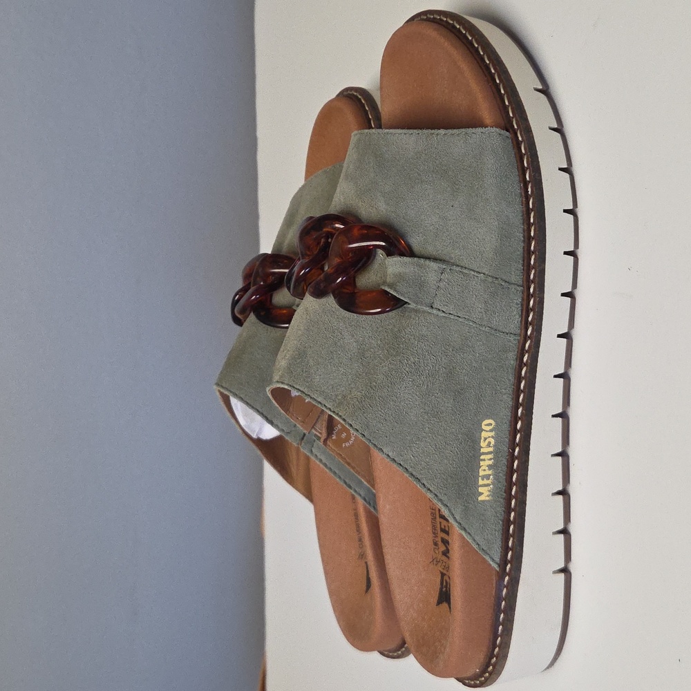Mephisto Sage Green Slides with Chestnut Chain